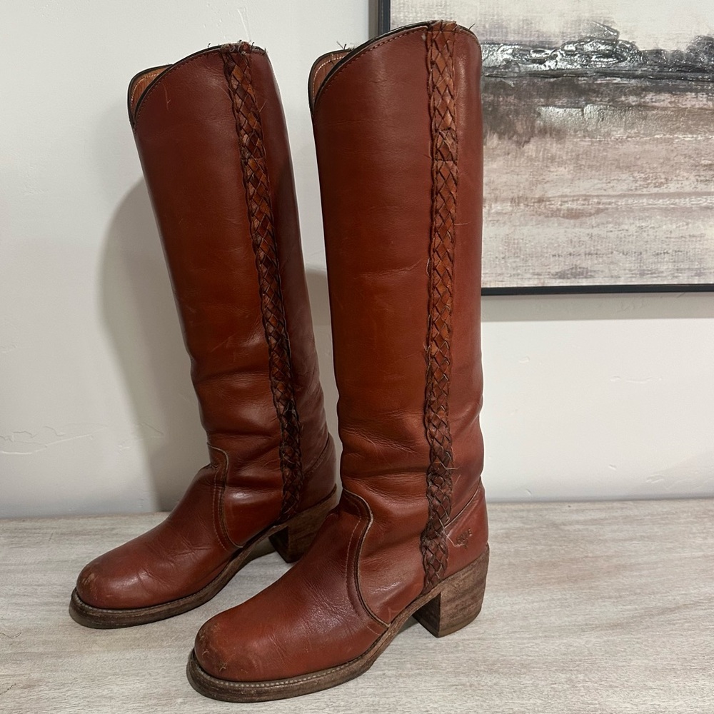 Frye Vintage Braided Sabrina Amber Brown Knee High Tall Boot Women's size 6 - Picture 10 of 16